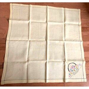 Yellow Linen Embroidered Flower Basket Vintage Tablecloth 34"x34" Cottagecore De